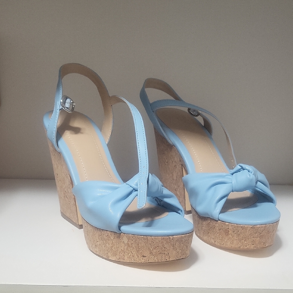 JustFab Blue Wedge Sandals with Cork Heel